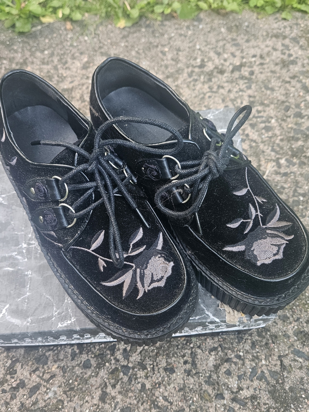Demonia Black Velvet Platform Lace-Up Shoes with Embroidered Roses
